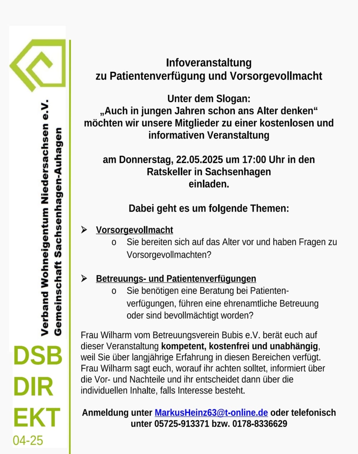 Infoveranstaltung zu Patientenverfügung und Vorsorgevollmacht am 22.05.25 in Sachsenhagen